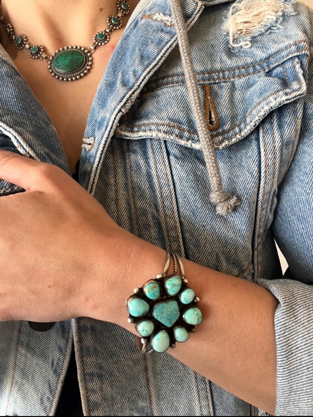 Sterling silver and turquoise cluster bangle
